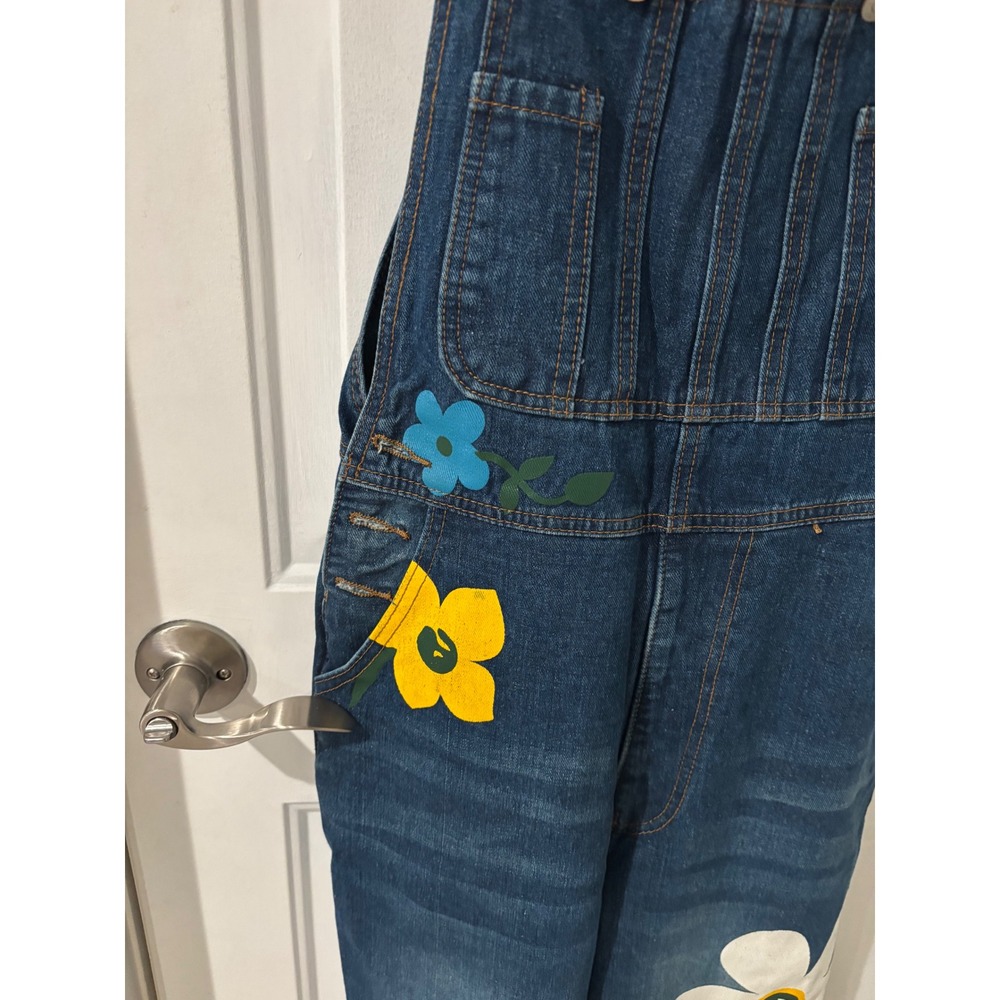 MissLook Bib Overalls Women's Denim Painted Floral Boho Wearable Art Hippie Sz S - Picture 2 of 6